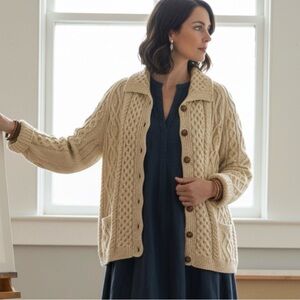 Vintage Chunky Cream Cable Knit Lagenlook Cardigan Sweater XL Rustic Artsy Relax